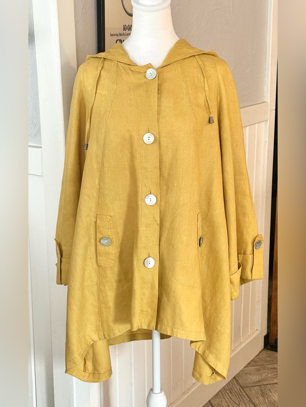 Sigrid Olsen 100% Linen Hooded Jacket Med Mustard Yellow Lagenlook Coastal - Picture 8 of 8